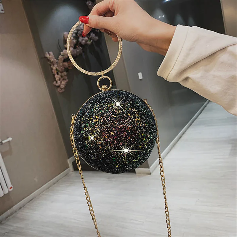 

2020 Fashion designer high quality party premium sequin clutch purse round ball purse handbag with chain, 4colors