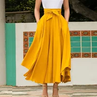 

New Fashion Women Girls Europe and America Solid Color Bow Belt Big Hem Hot Sell Dress Long Skirt
