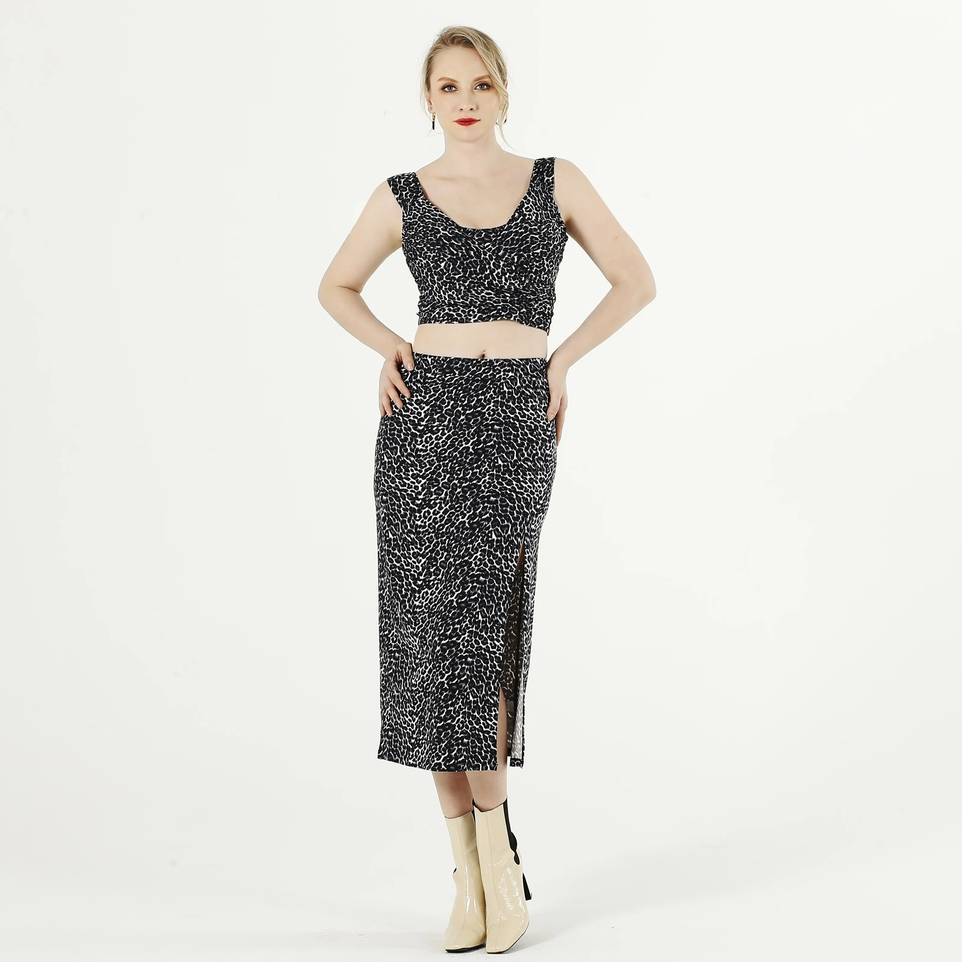 

Ladies Summer Casual Elegant High Slit Animal Printed Women Maxi Knitted Midi Wrap Two piece Skirts Set