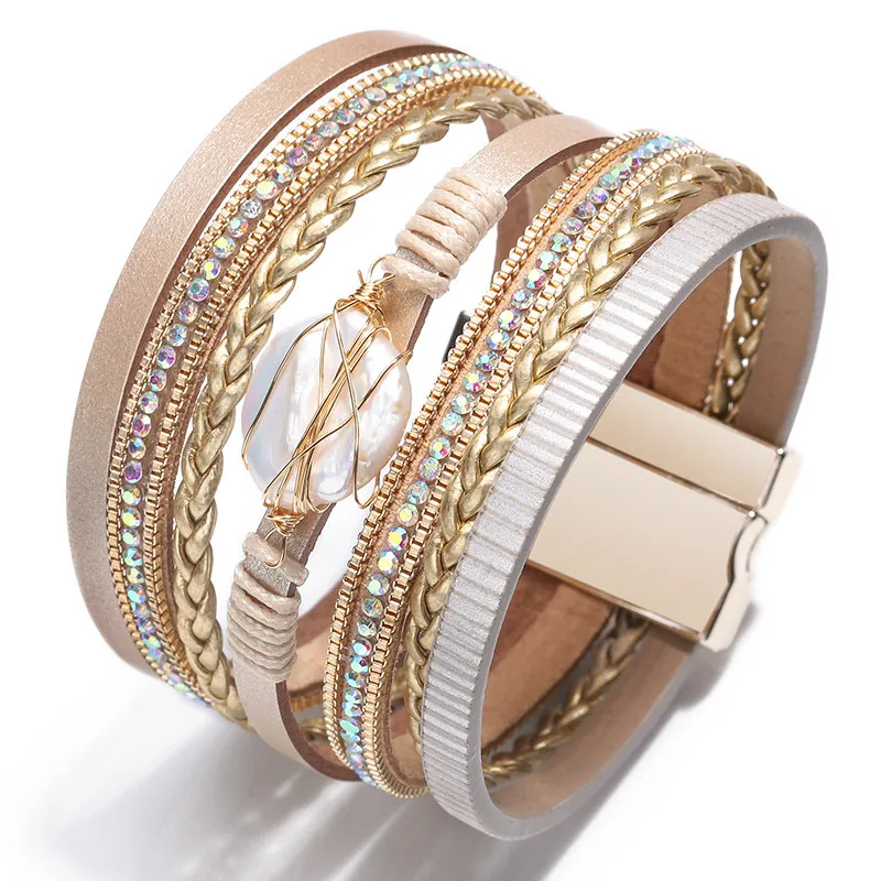 Multilayer Genuine PU Leather Bracelets for Women Fashion Boho Resin Charm Pearl Chain Wrap Bracelet Femme Jewelry