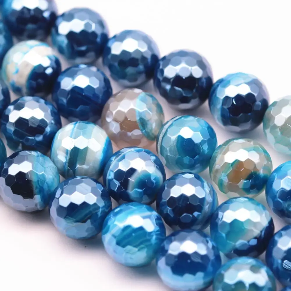 

6~12mm Electroplated Blue Stripe Agate Faceted Round Gemstone Loose Beads 15.5'' per strand