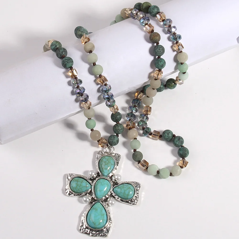 Religious Jewelry Turquoise Natural Stone Crystal Glass Necklace Alloy Stone Cross Pendant Necklace Western Jewelry