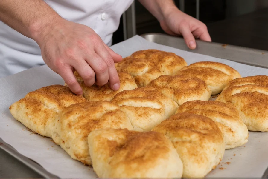 Professional baker demonstrating cinnamon sugar application on freshly baked pastries with perfect texture and distribution