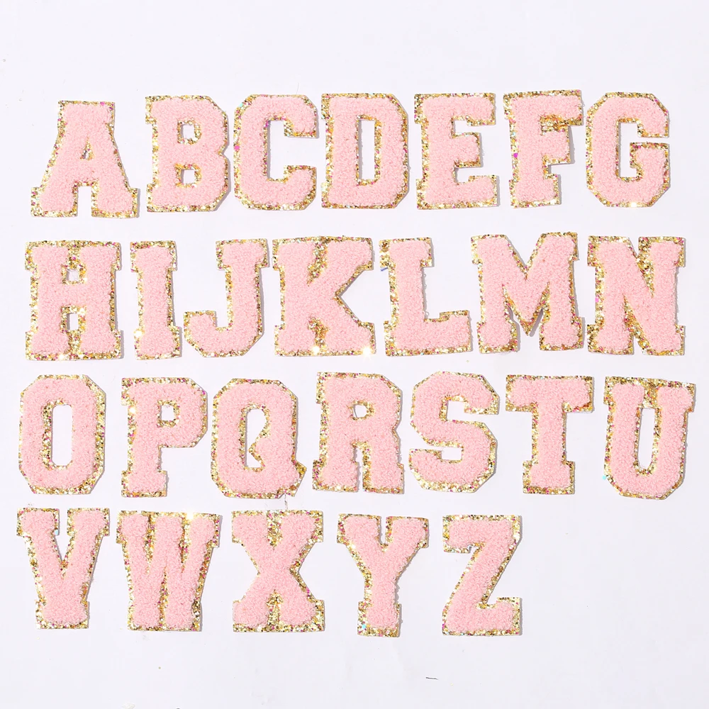 

Stock Multi Color A-Z Alphabet Embroidery Patch For Clothing Bag Upgrade Self Adhesive Cute Gold Glitter Chenille Patches, Pink, white, blue, mint, purple, neon pink, neon orange, yellow, black