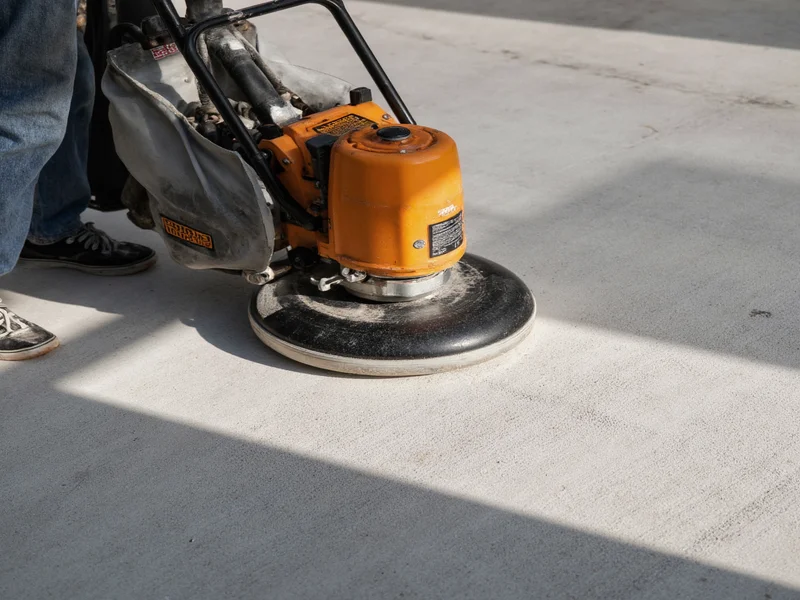 Person grinding concrete garage floor surface