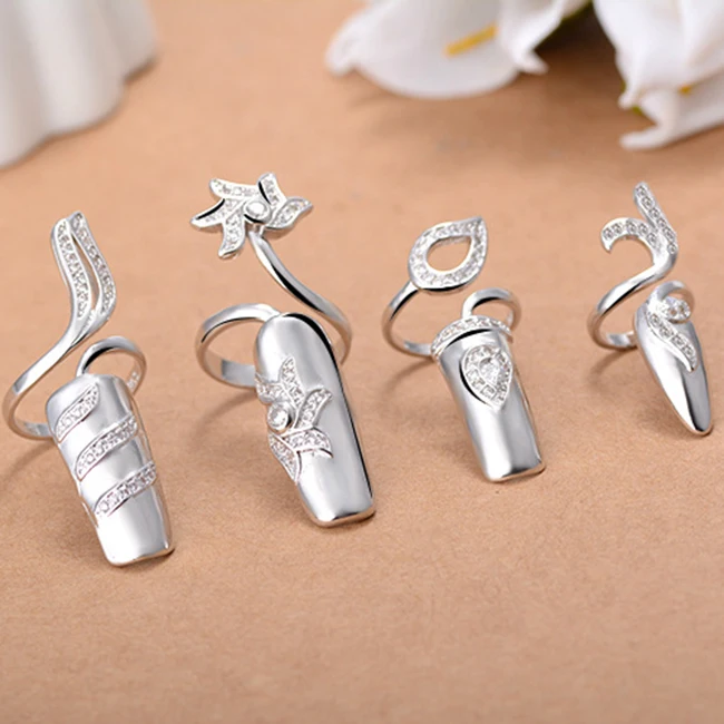 

New Fashion Flower Crystal Adjustable Knuckle Ring Jewelry Female Antique Finger Nail Rhinestone Gold Silver Rings, 8 colors