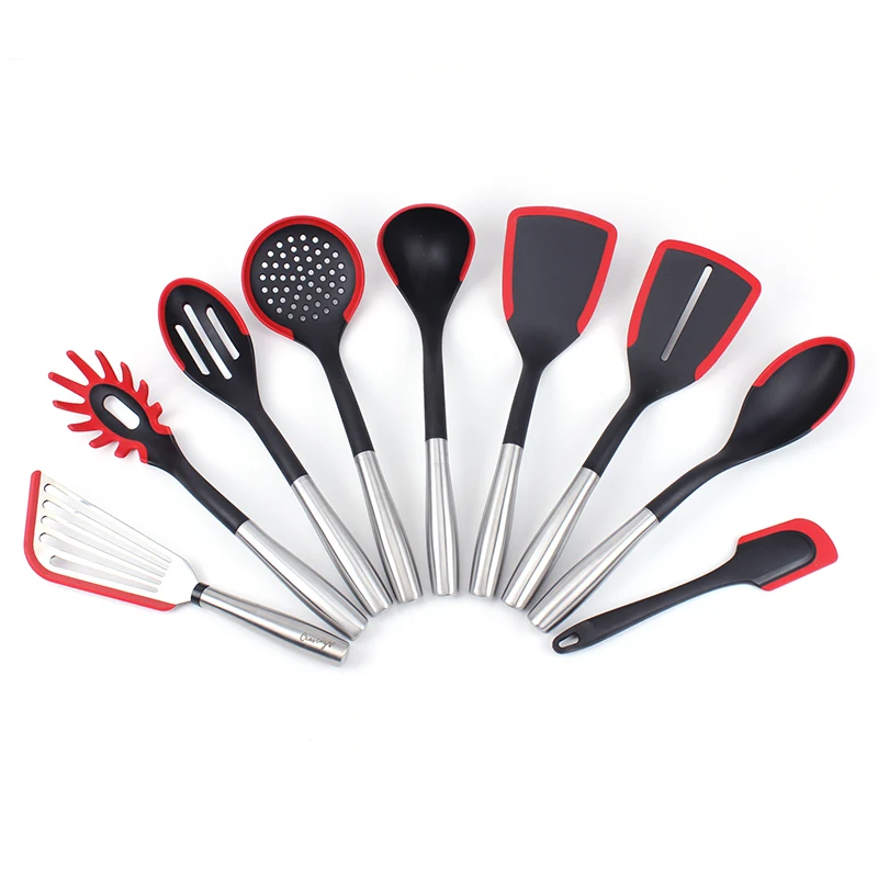 

2021 New Cooking Items Heat Resistant Nylon Utensils with Stainless Steel Handle Kitchen Accessories, Red/black/etc/custom