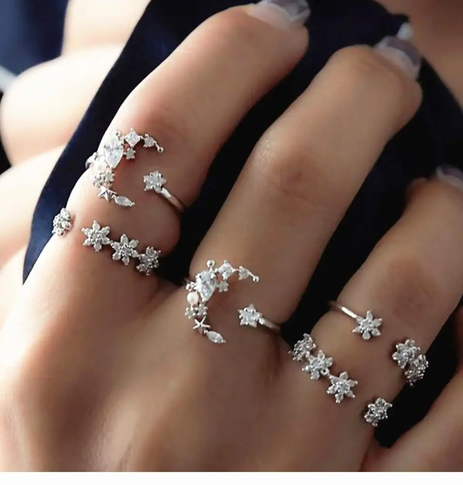 Dvacaman Baroque 5pcs Set Vintage Ring Bohemian Style Star Moon Crystal Rings for Women Jewelry Party Gift Anniversary
