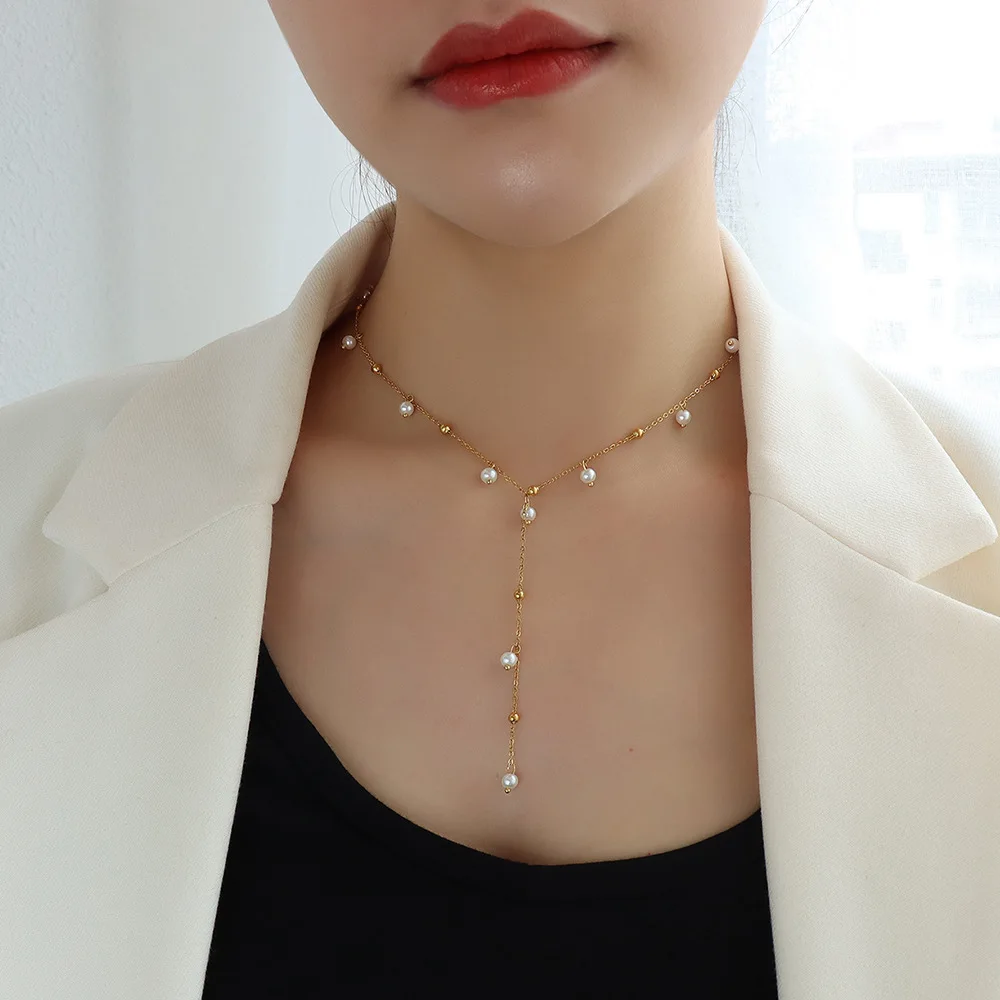 

Joolim Jewelry 18K Gold Plated Imitation Pearl Satellite Dainty Chain Tassel Necklace Stainless Steel Jewelry Wholesale