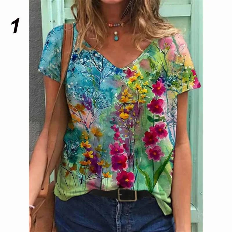 

New Women's Fashion Short Sleeved V Neck T Shirt Summer Flower Painting T-shirt Casual Loose Top Plus Size Blouse