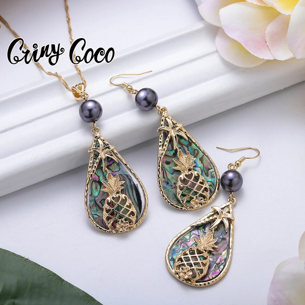 

Cring CoCo Fashion Abalone Shell Pearl Necklace New Samoan Pineapple Coconut Flower Polynesian Earrings Wholesale Hawaiian Sets