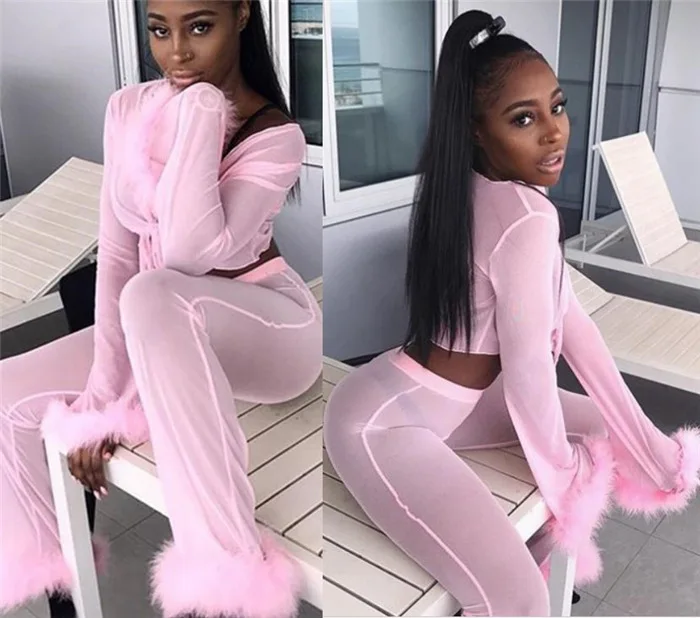 

High Waist Solid Bandage See-through Pants Set Two Pieces Set Women Clothing