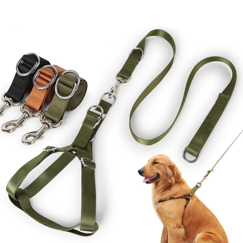 

RTS Comfortable Thickened Alloy Buckle Pet Chest Back Traction Belt Large Dog Leash and Harness Set, Green/black/brown