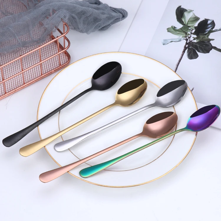 

Hot Selling Eco-friendly Stainless Steel Korean Tableware Modern Ladle Colorful Cuspidal Mixing and Cocktail Spoon Cutlery, Sliver,gold,rose gold,rainbow,black