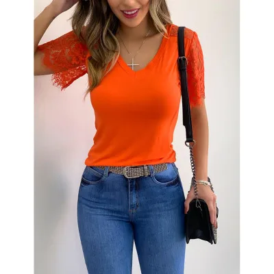 

Fashion Casual Top Women's Lace Short Sleeve T-shirt, Picture showed