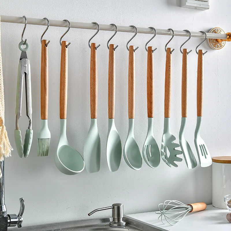 
11pcs Heat Resistant Wooden Non-Stick Cooking Kitchen Gadgets Tools Silicone Utensils Set With Storage Bucket 