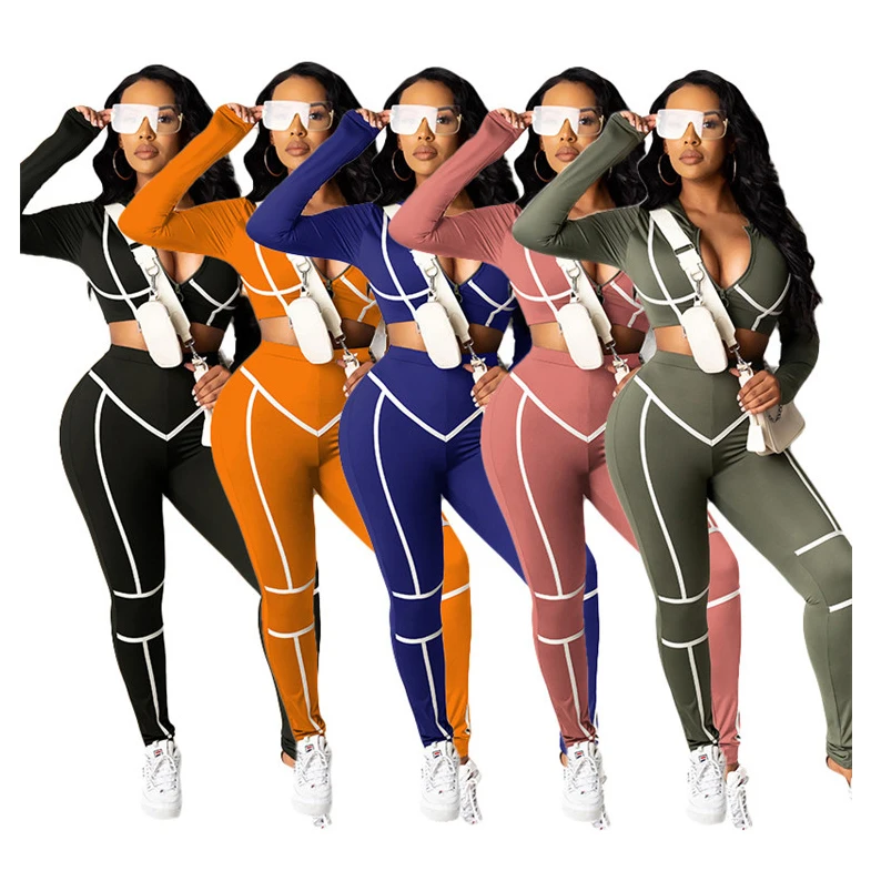 

0820M131 Newest Design Women Patchwork V-neck Zipper Sports Sexy 2 Pcs Track Suit Outfits Two Piece Set