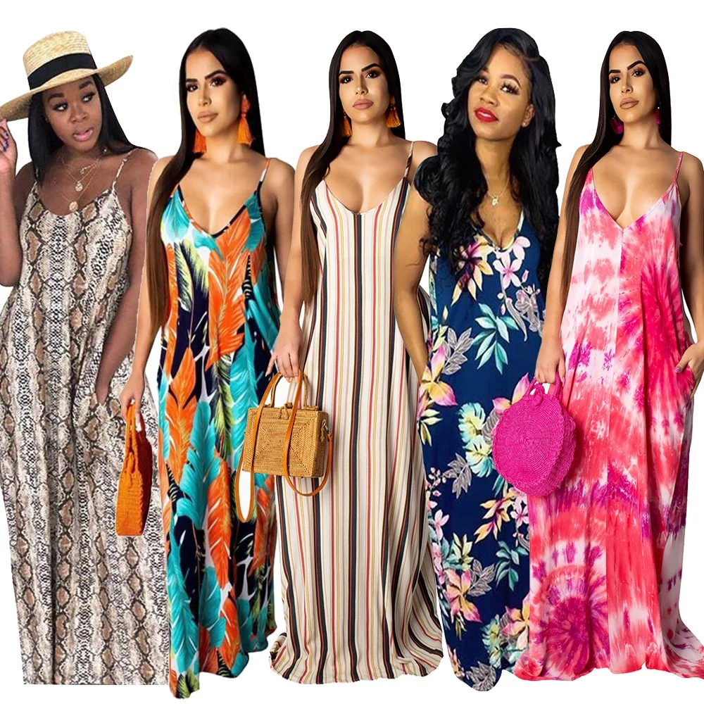 

YD Fashion new arrival 2021 ladies v neck stripped loose dresses maxi clothing women slip long floral summer dress