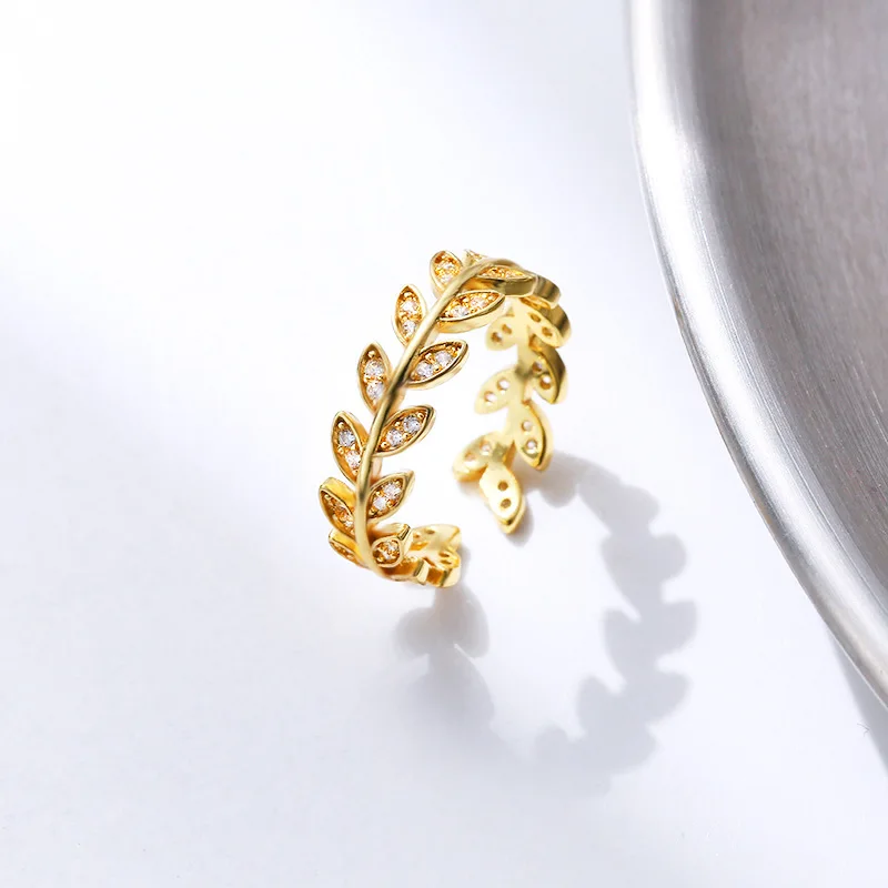 

Fashion Design Ring Jewelry 18k Gold Plated brass cz stone rings Hollow Leaf Rings Women