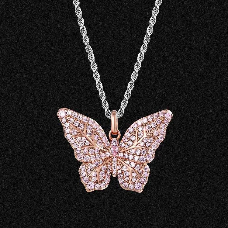 

KRKC Drop Shipping 1pcs Service Silver White Rose Gold Plated Iced Out 5A CZ Diamond Crystal Butterfly Pendant Necklaces Jewelry