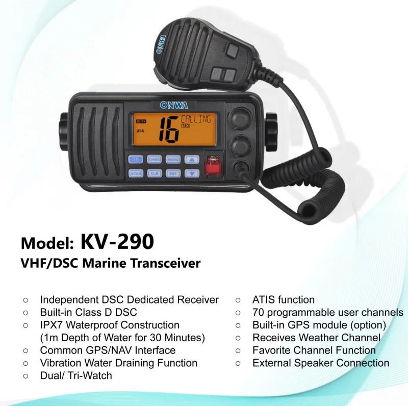 KV-290 ONWA Marine VHF Radio Marine VHF Transceiver Walkie Talkie with built-in Class D DSC Dual/Tri-Watch, ATIS function