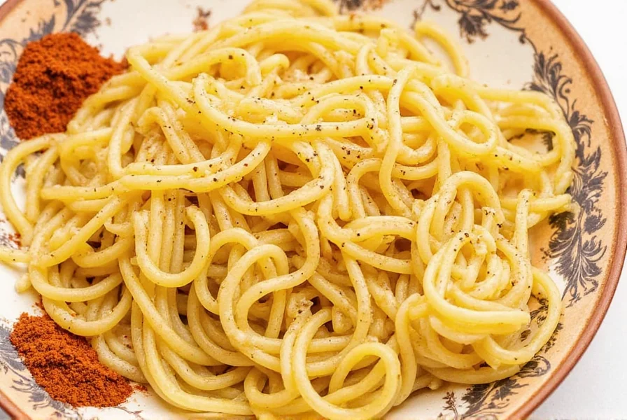 Spaghetti dish with herbs and spices on the side