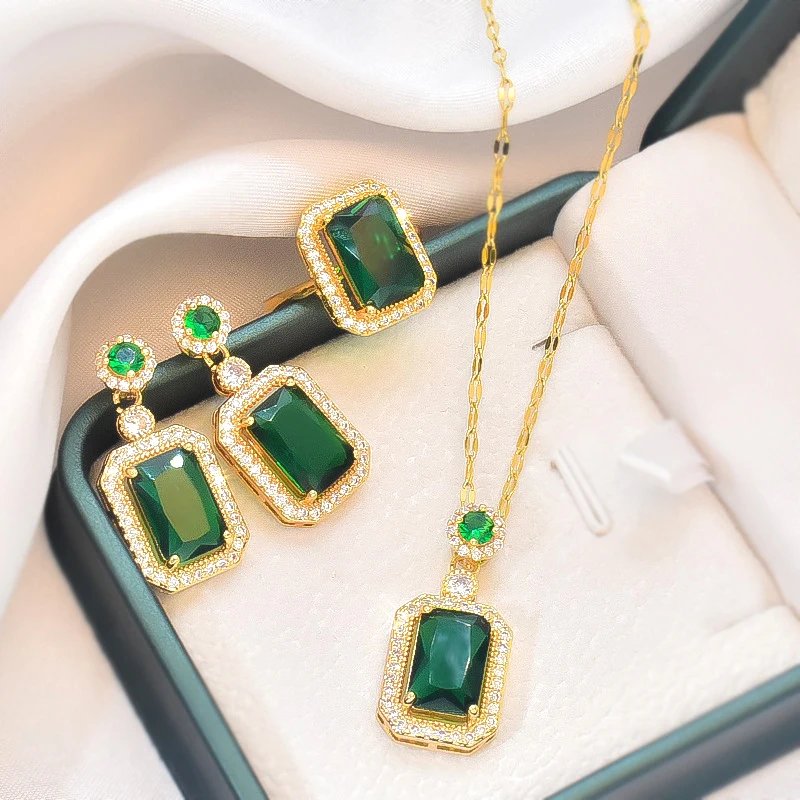 

Luxury Women Stainless Steel 18k Gold Emerald Zircon Open Finger Ring Pendant Necklace And Stud Earrings Jewelry Set For Gift