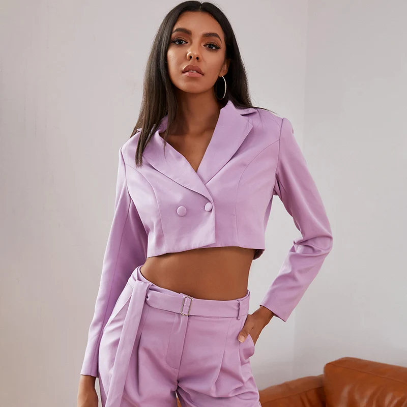 

Women Purple Long Sleeve Double Button Crop Blazer