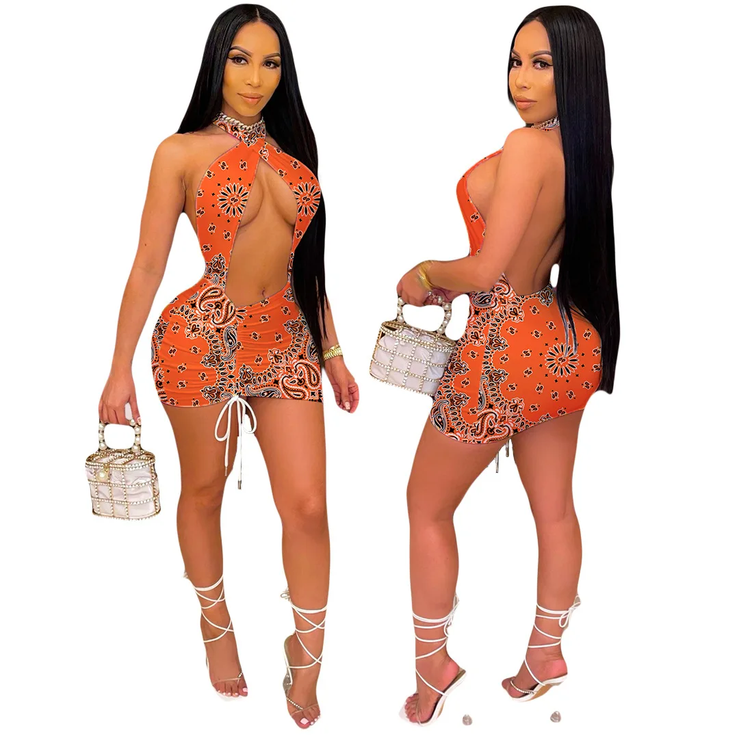 

Neck dress fashion print pleated skirt sexy nightclub style backless skirt