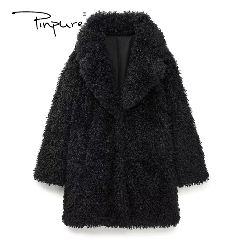 

R31073S Women Fashion Black Winter Thick Warm Faux Fur Coat Women Vintage Long Sleeve Pockets Outerwear Female Chic Overcoat