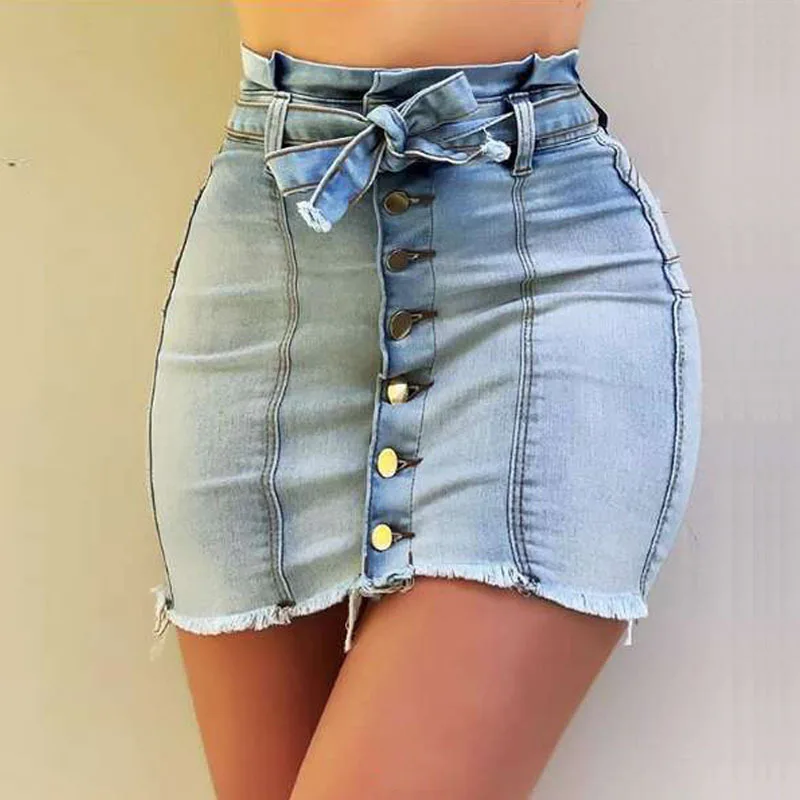 

ShiYu 2021 Sexy Ladies Denim Skirts Plus Size High Waist Lace-Up Single Breasted Stretch Wrap Hip Women's Denim Mini Skirts, As picture