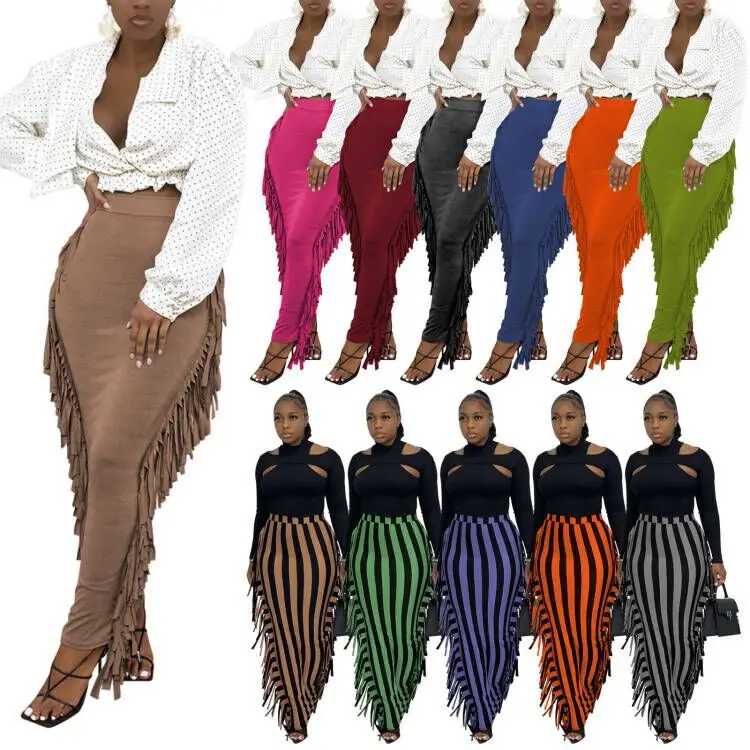 

M6538 Cheap long dresses women maxi fall 2021 women clothes casual tassel sexy dresses 2021 bodycon striped dresses women ladies