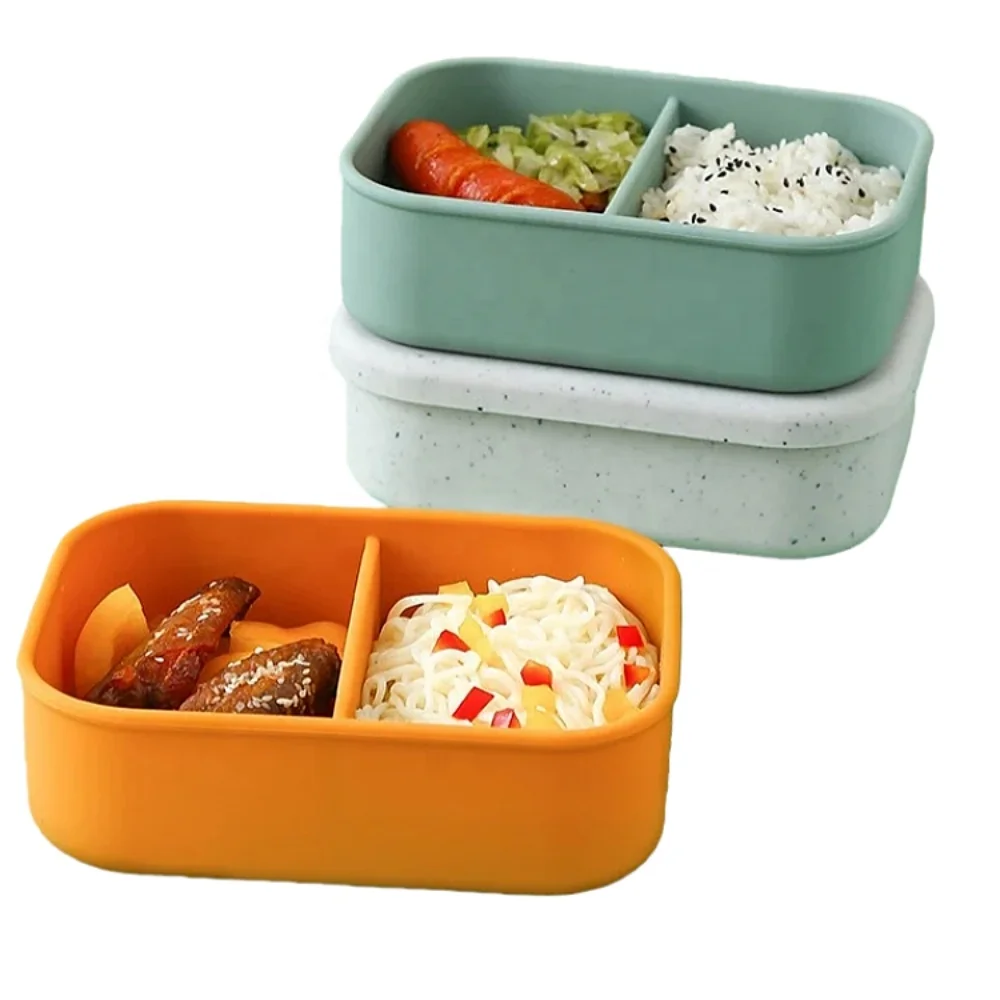 New Style BPA Free Kids Silicone Lunch Container Bento Box With Lid New Leak Proof Reusable 2 Compartments Food Box