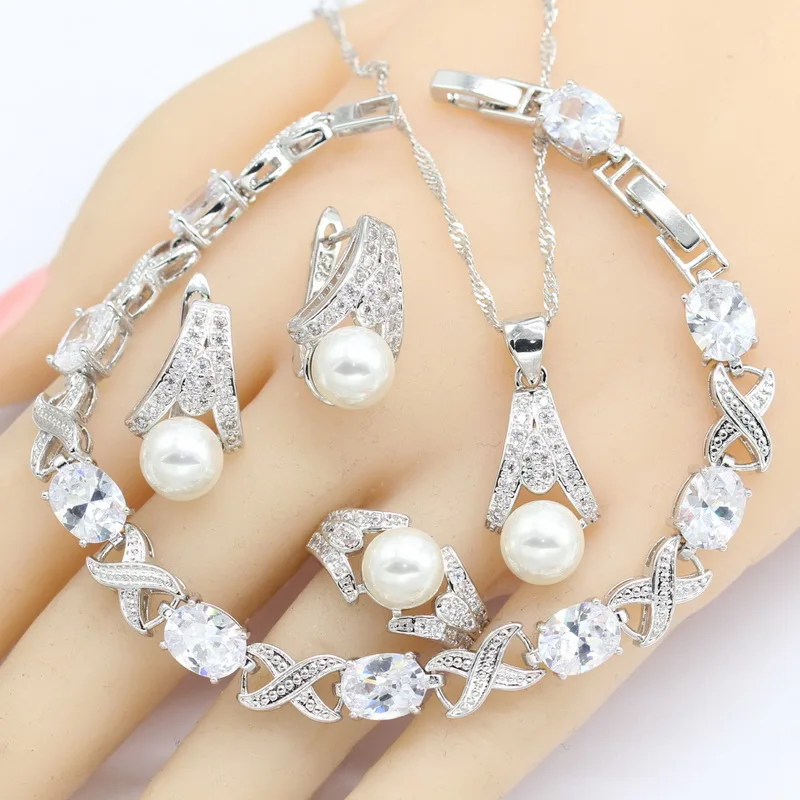 

White Freshwater Pearl Silver Color Jewelry Sets Women Bracelet Earrings Necklace Pendant Rings Wedding Jewelry Gift Box
