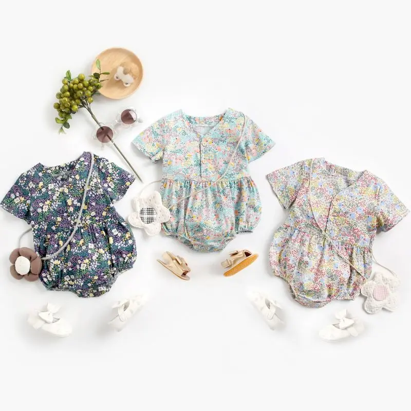 

high quality cotton short sleeve baby jumpsuit clothes floral baby girls rompers