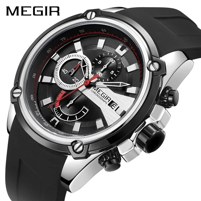 

MEGIR 2086 Men Quartz Watch Can Water Resistant Watch Custom Watch Case Silicuto Strap, As pictures