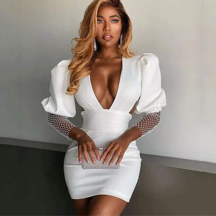 

FS3408A 2021 spring and summer new stitching dress sexy backless V neck net sequins hip wrap dress