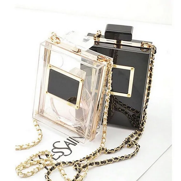 

2021 New Fashion Banquet Crystal Ladies Crossbody Purse Perfume Bottle Paris Clear Acrylic Clutch Bag, Clear, black , customized color