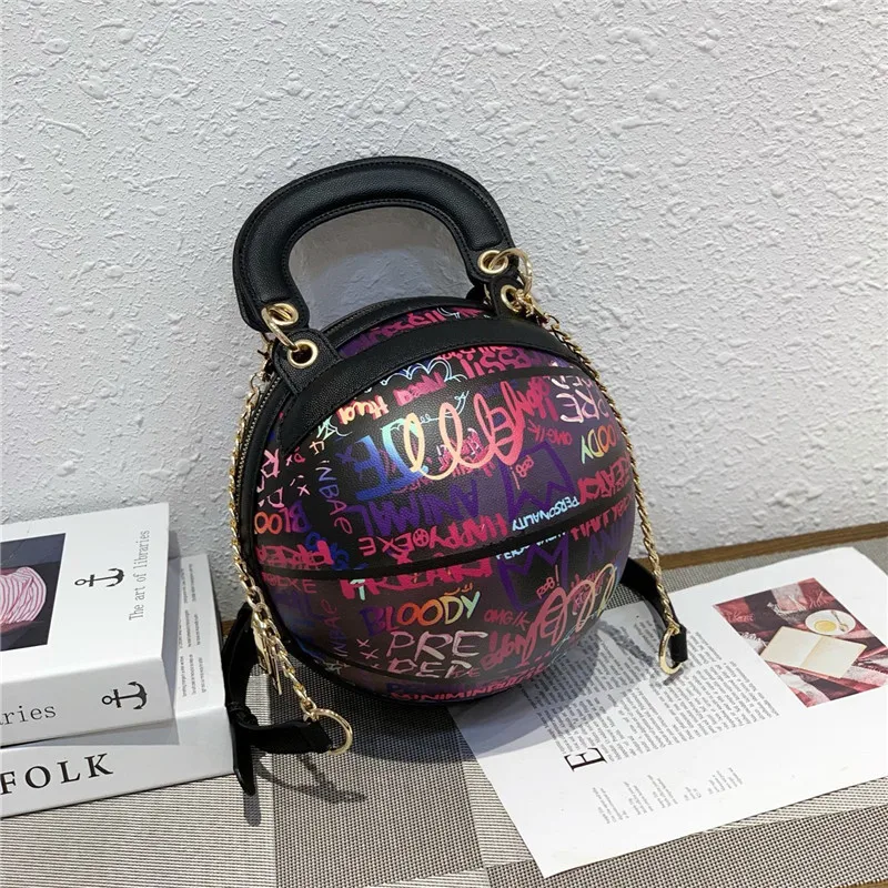 

2020 New arrival hot sale fashion design pu leather shoulder crossbody handbags personality basketball graffiti purse, 6colors