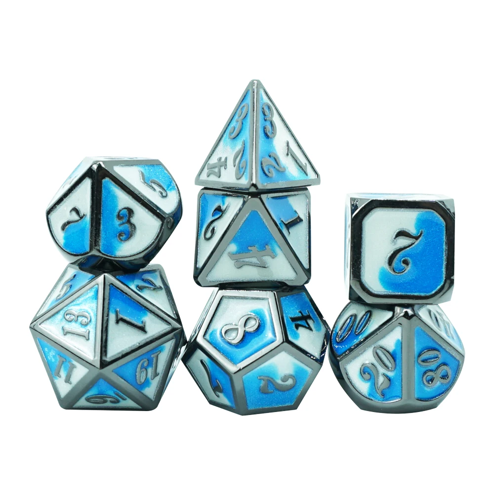 Manufacturers Luxury Metal Dice Set 7pcs  Polyhedral White Blue Gradient Double Color  for Table Entertainment Games