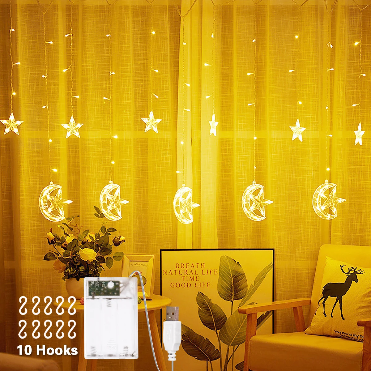 2.5M Fairy Lights with 10 Moon & Star String Lights 225LEDs Battery or USB Powered LED Curtain Lights for Indoor Bedroom Decor