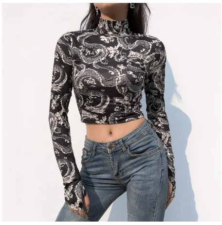 

Dragon Print Turtleneck Women's T-Shirts Clothing 2020 Gothic Aesthetic Crop Top Harajuku Skinny Long Sleeve Tee