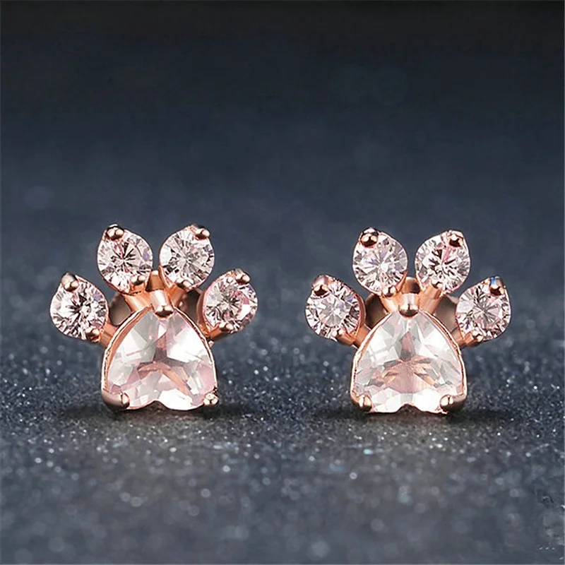 

New Hot Trendy Cute Cat Paw Earrings Fashion Rose Gold Pink Claw Bear and Dog Paw Stud Earrings For Women, Gold and silver