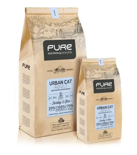 
Dry super premium cat food PURE holistic GMO free with fresh turkey and rice for adults on eco friendly bag 
