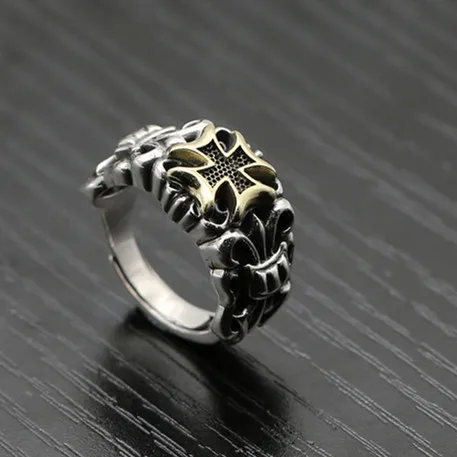 

Punk S925 sterling silver adjustable men's cross anchor ring