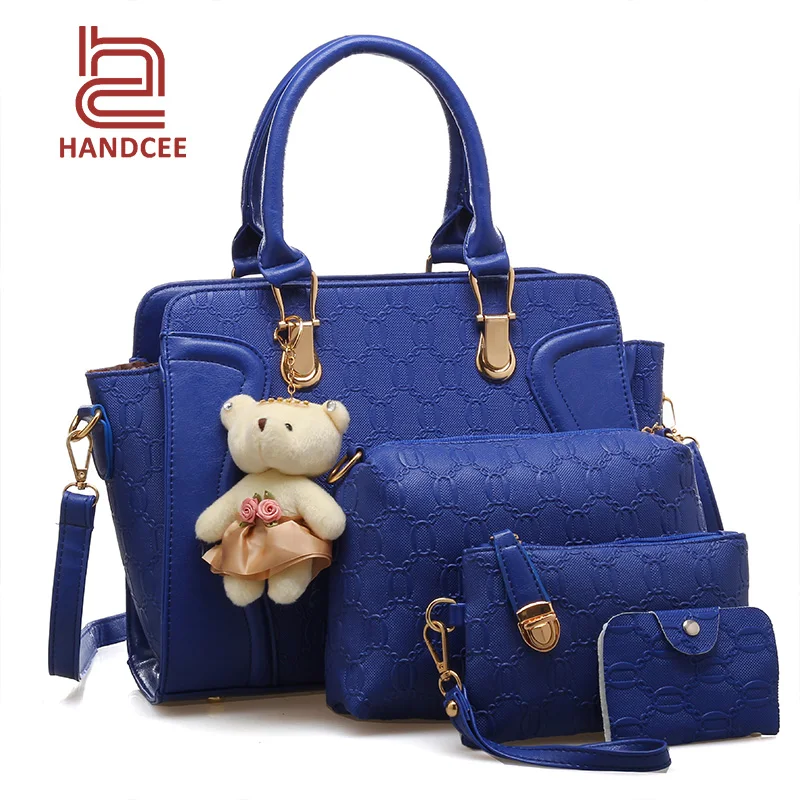 

Amazon Hot Selling Handbag 4 In 1 Set Fluffy Bear Pendant Shoulder Women Purse Tote Bags, Customized color