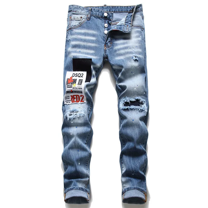 

2021 DSQ2 style tie cloth contrast maple leaf jeans men's light blue paint throwing personalized hip hop