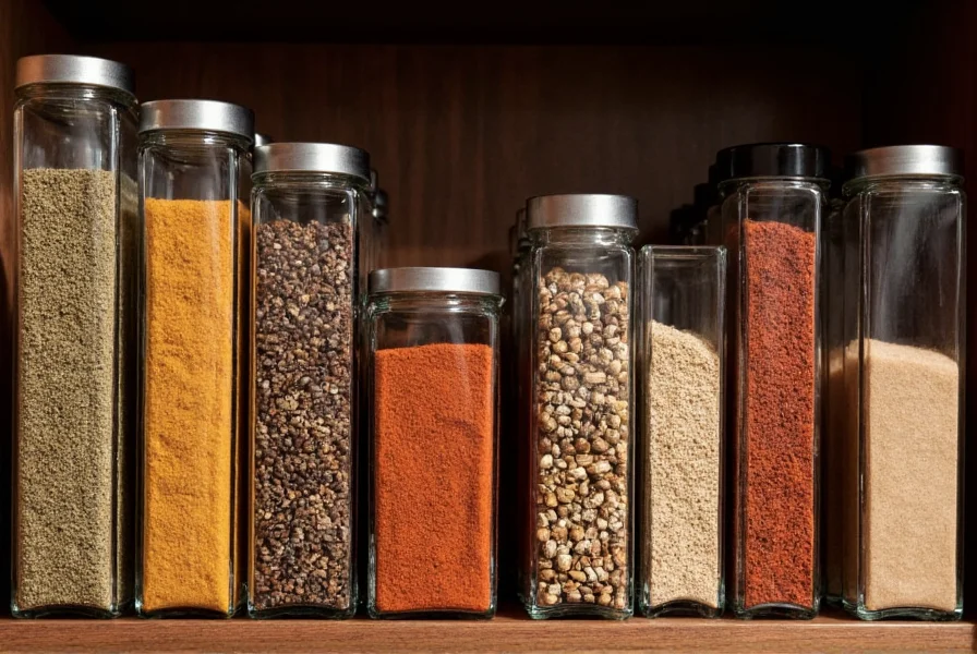 Proper spice storage setup showing airtight glass containers in cool dark pantry