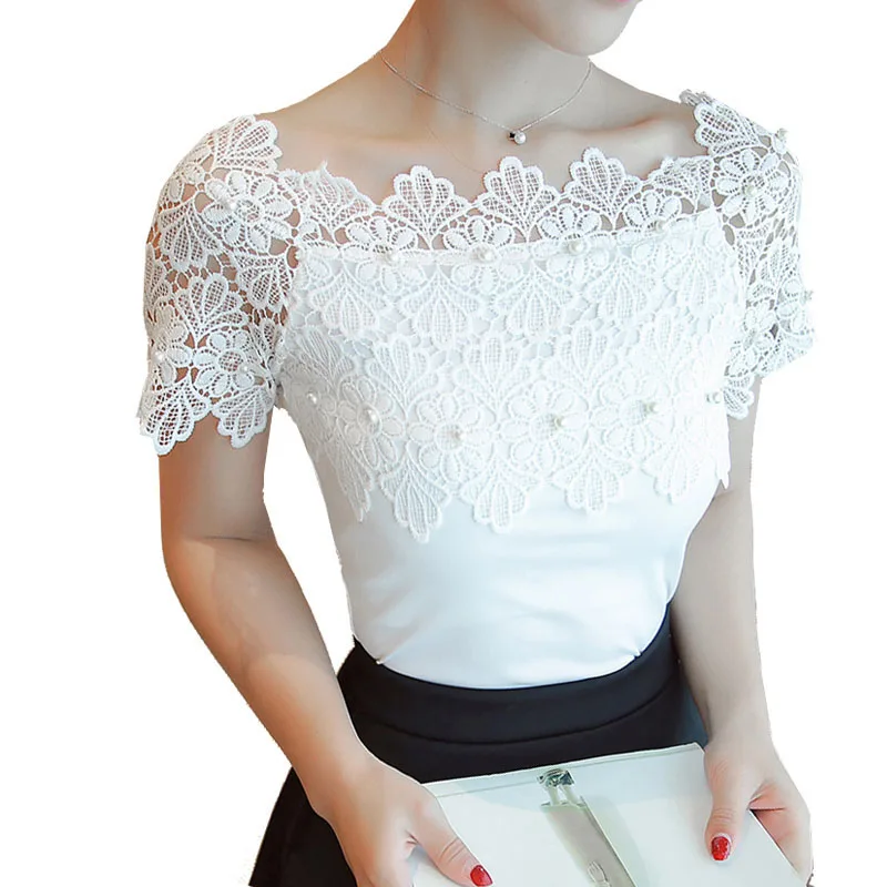 

2022 Summer Korean Hollow Out Short Sleeve Sexy Blouse Fashion Tops Elegant Women Lace Clothes Casual Off-Shoulder White Shirt