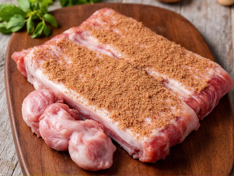 Pork belly slab with curing rub ingredients